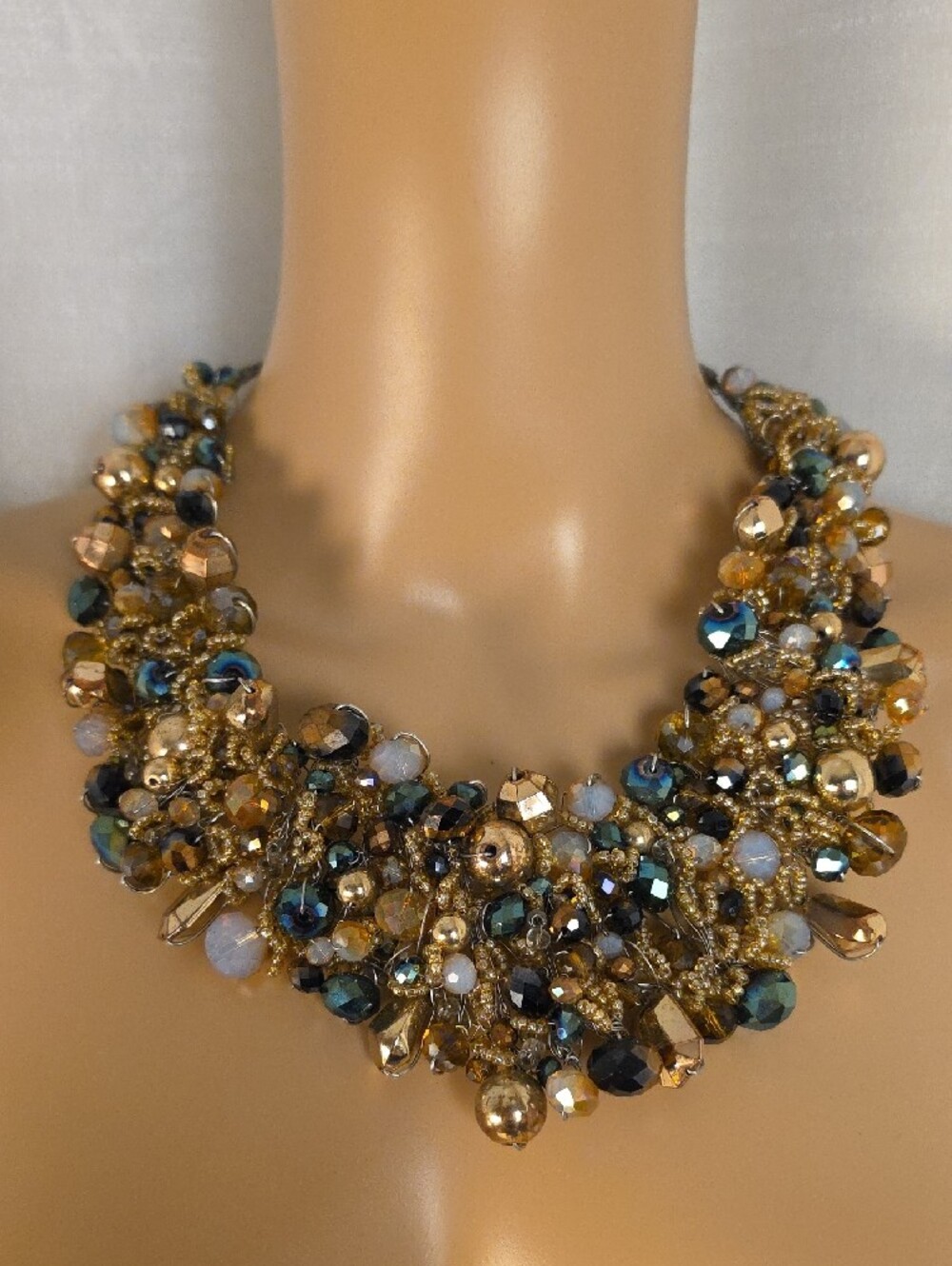 Aldo Multi-color Beaded Statement Collar Bib Necklace in Gold and Green